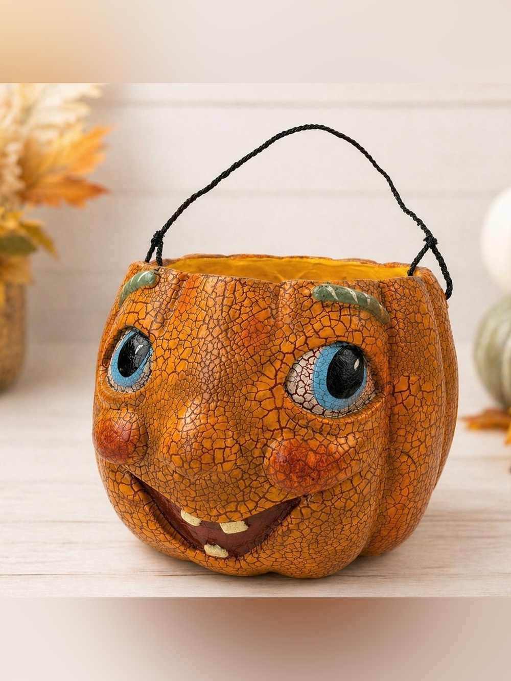 Vintage Style Pumpkin Pail Crackle Halloween Bucket Cute Decor